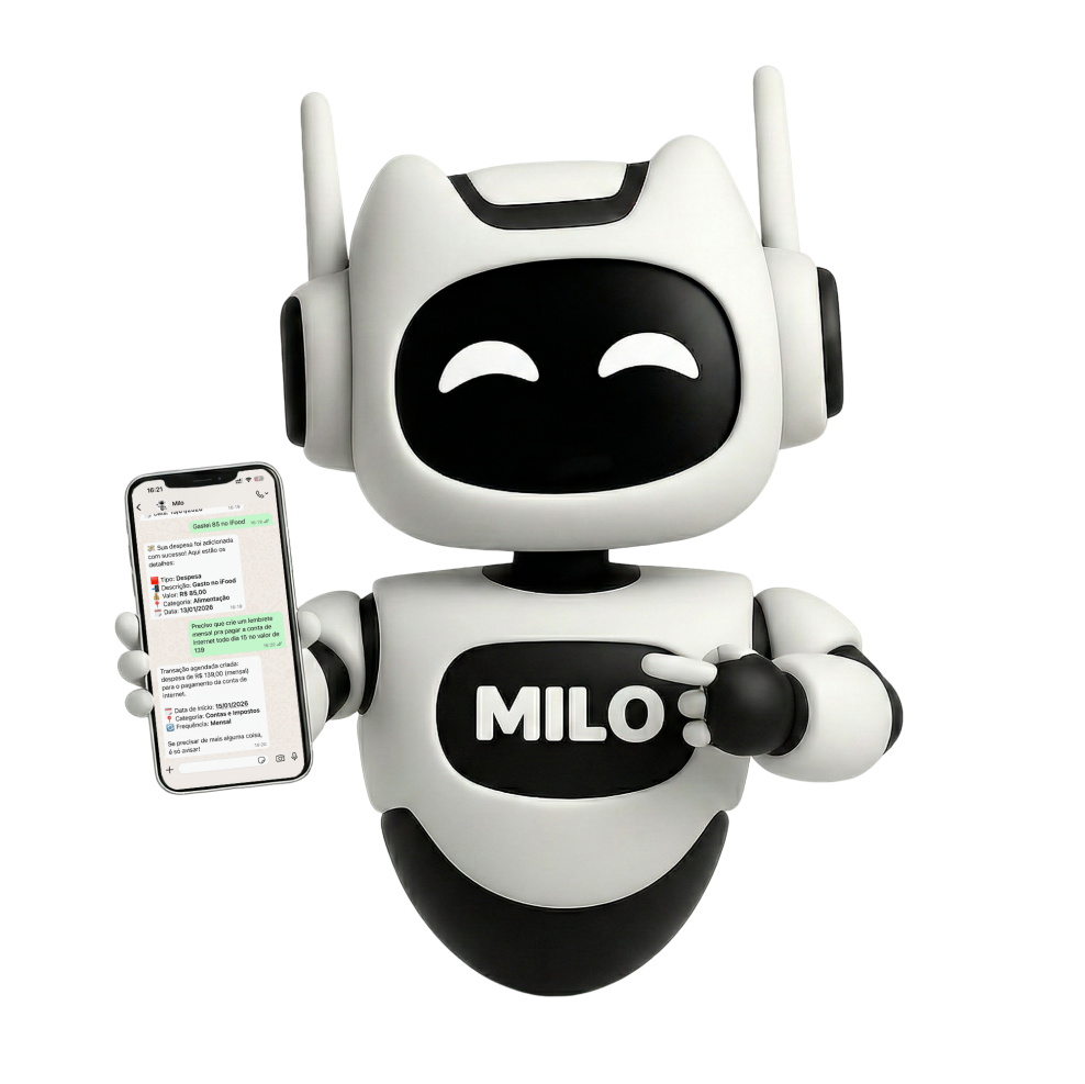 Mascote do Milo segurando um celular